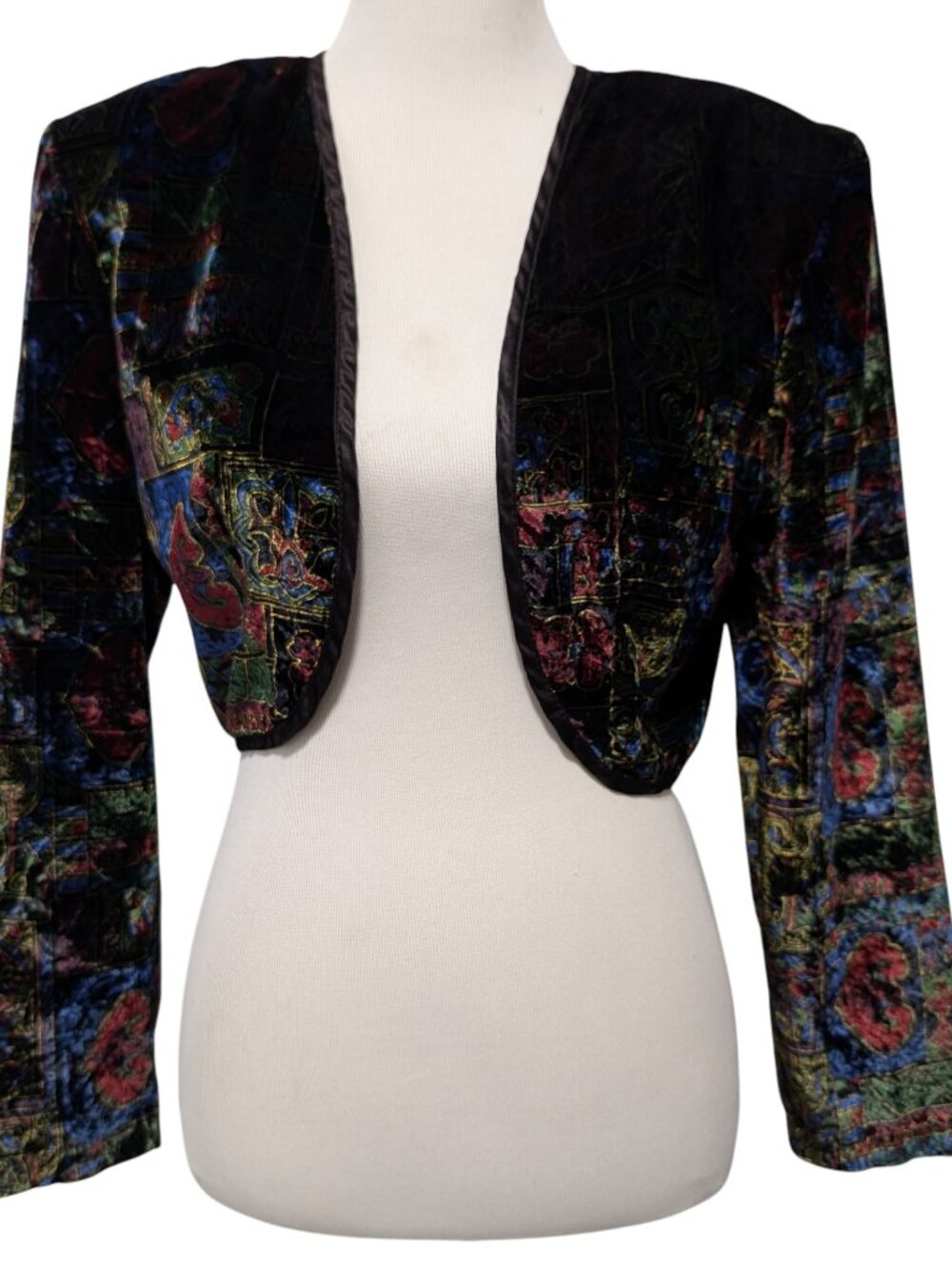 Vintage Judy Knapp Womens Sz L Black Printed Velvet Shoulder Pads Bolero Jacket